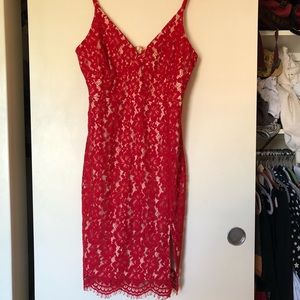 Red lace mid-length formal dress